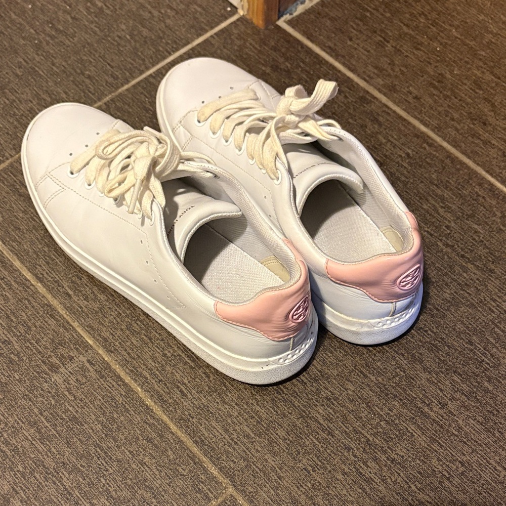 Tory Burch White Leather Sneakers with Pink Heel Accent - Women's Casual Shoes
